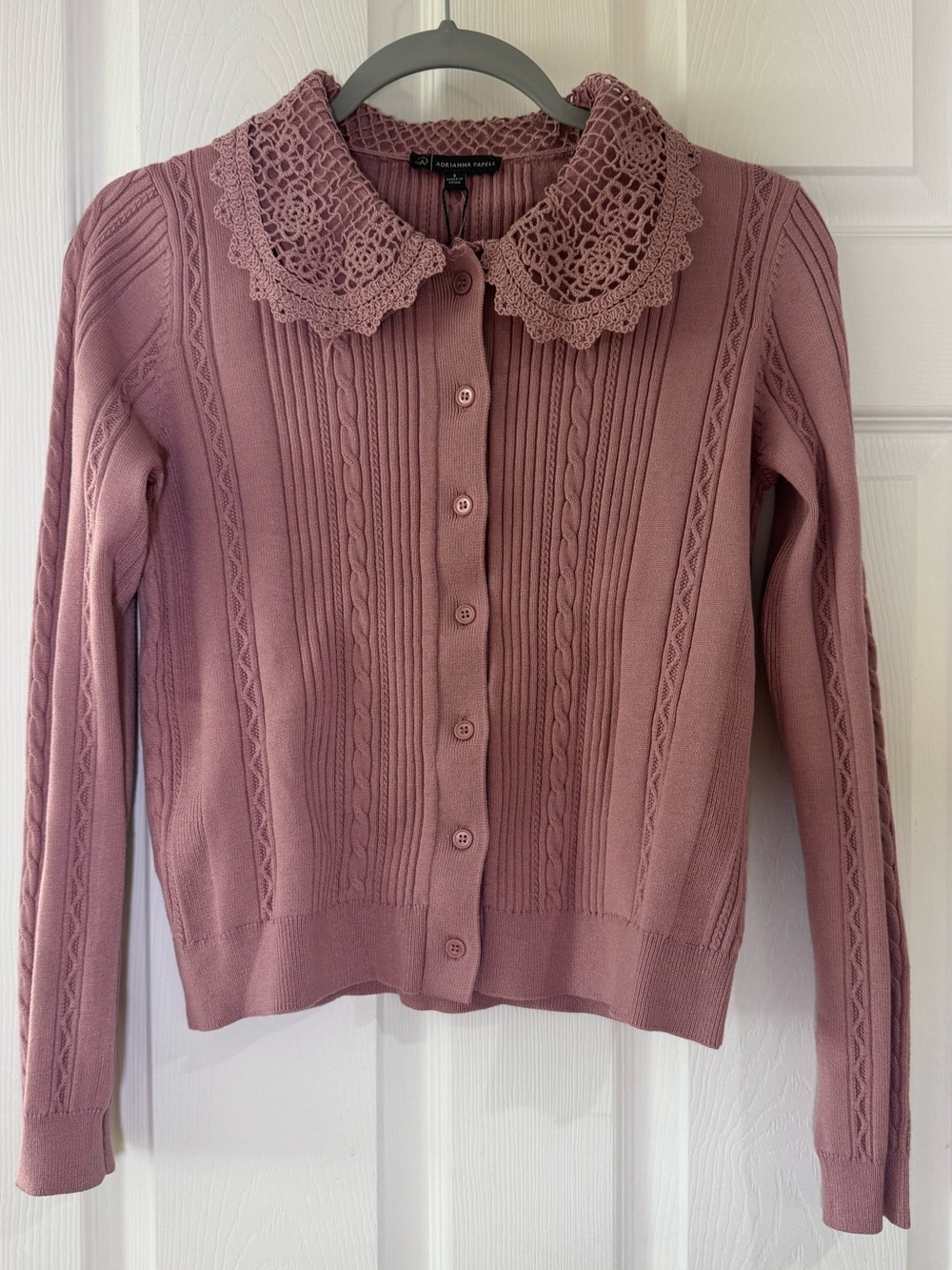 Crochet Collar Knit Cardigan — Mauve